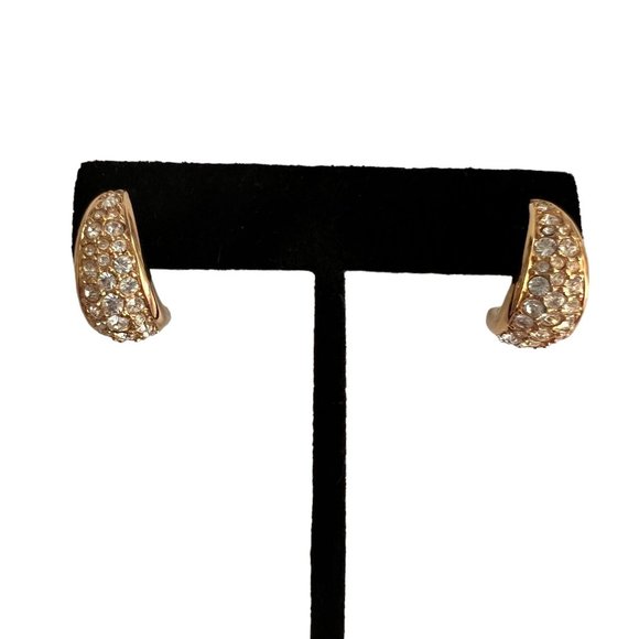 Swarovski Gold Plated Half Hoop Pierced Earrings Gold Crystals Dainty - Picture 1 of 9